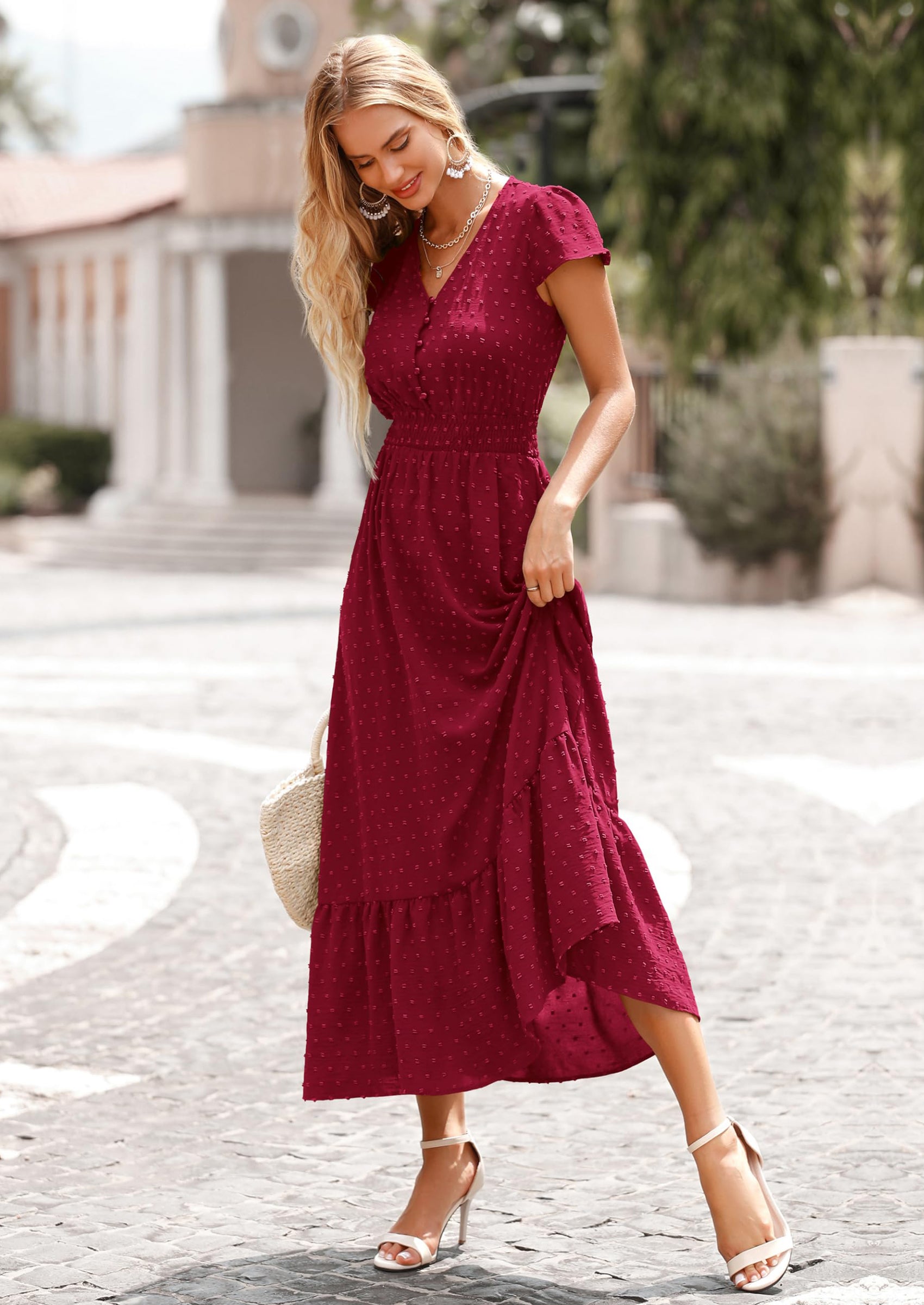 PRETTYGARDEN Womens Dresses Summer Maxi Dress Boho Short Sleeve V Neck Swiss Dot Ruffle Tiered Smocked Flowy Long Dress PRETTYGARDEN