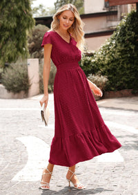 PRETTYGARDEN Womens Dresses Summer Maxi Dress Boho Short Sleeve V Neck Swiss Dot Ruffle Tiered Smocked Flowy Long Dress PRETTYGARDEN