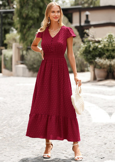 PRETTYGARDEN Womens Dresses Summer Maxi Dress Boho Short Sleeve V Neck Swiss Dot Ruffle Tiered Smocked Flowy Long Dress PRETTYGARDEN