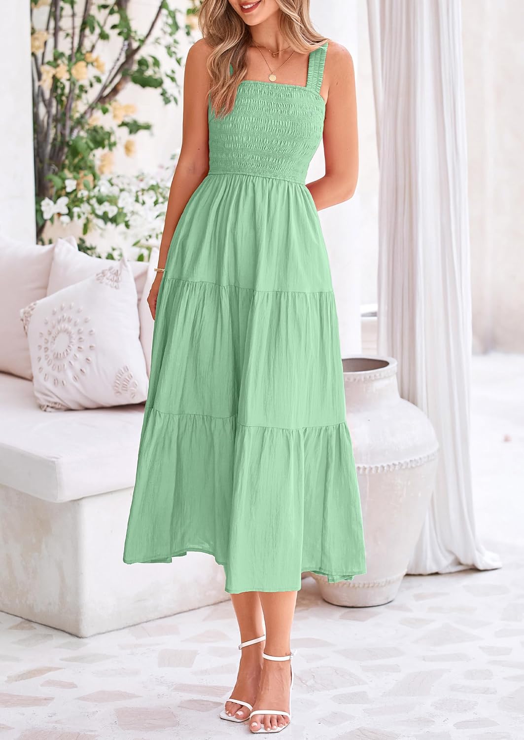 Womens Smocked Summer  Ruffle A Line Long Flowy Dresses Cute Sleeveless Beach Sundress Midi Dress