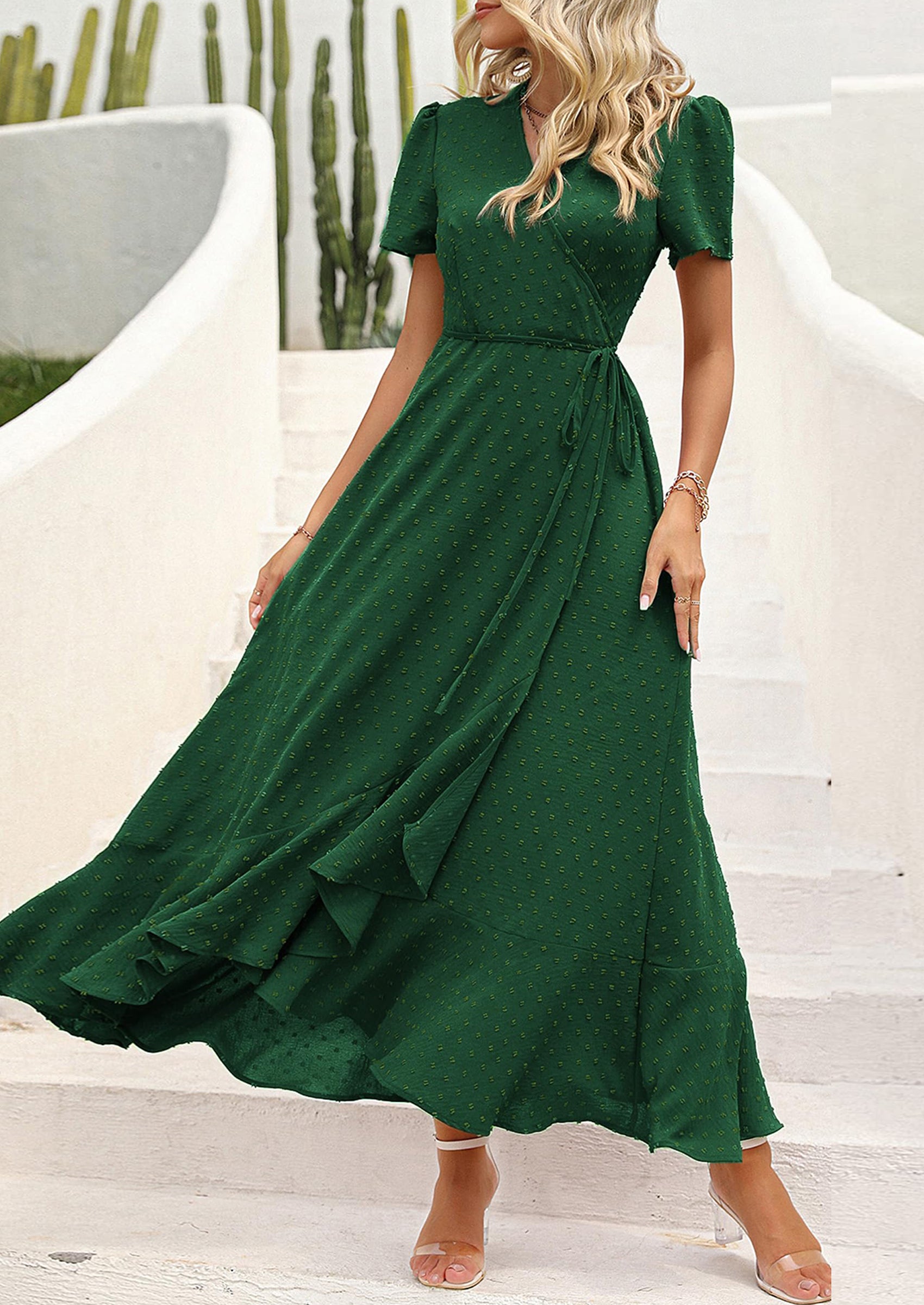 PRETTYGARDEN Women's Summer Maxi Dress Casual Wrap Floral Boho Short Sleeve V Neck Split Ruffle Beach Long Dresses