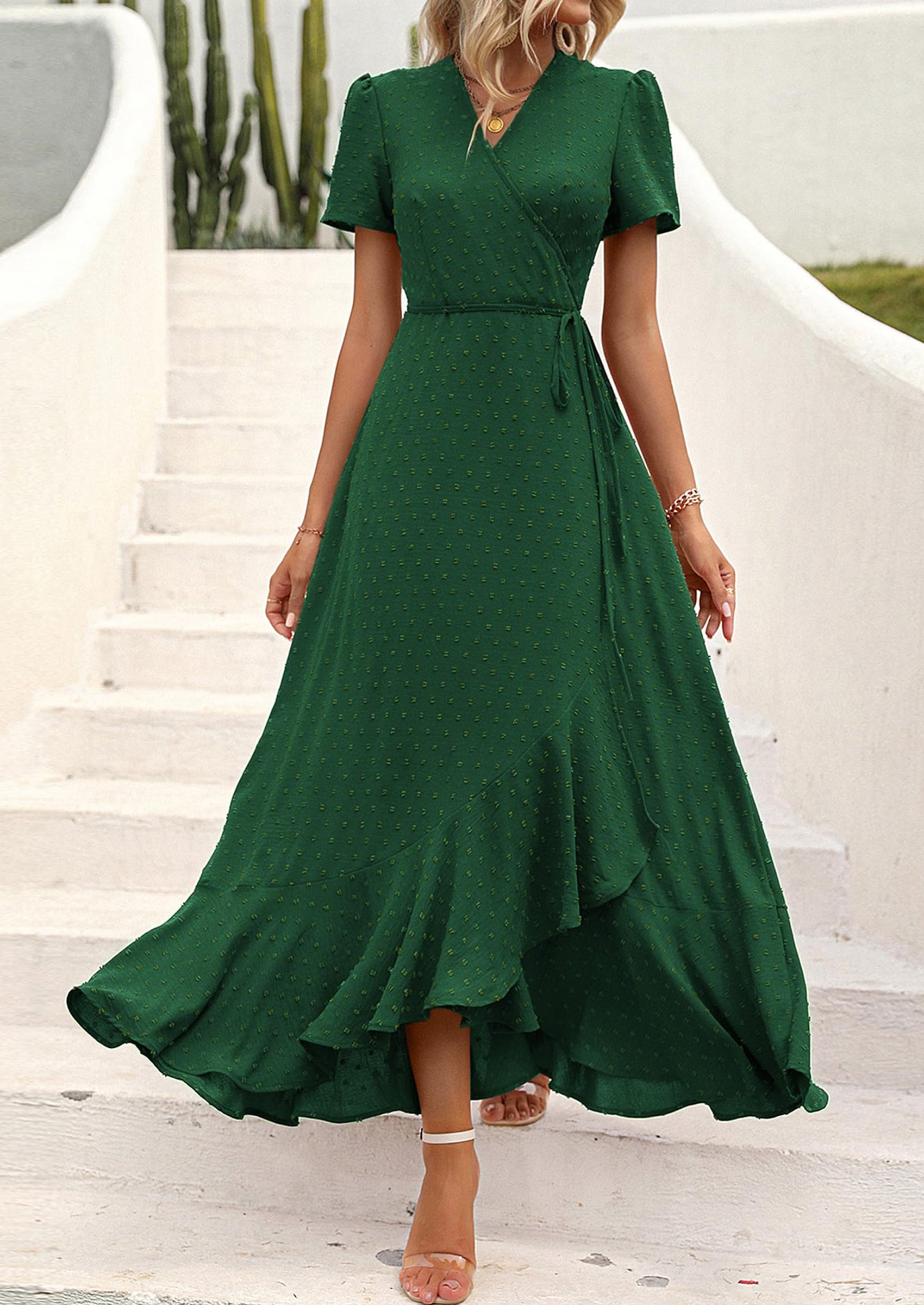 PRETTYGARDEN Women's Summer Maxi Dress Casual Wrap Floral Boho Short Sleeve V Neck Split Ruffle Beach Long Dresses