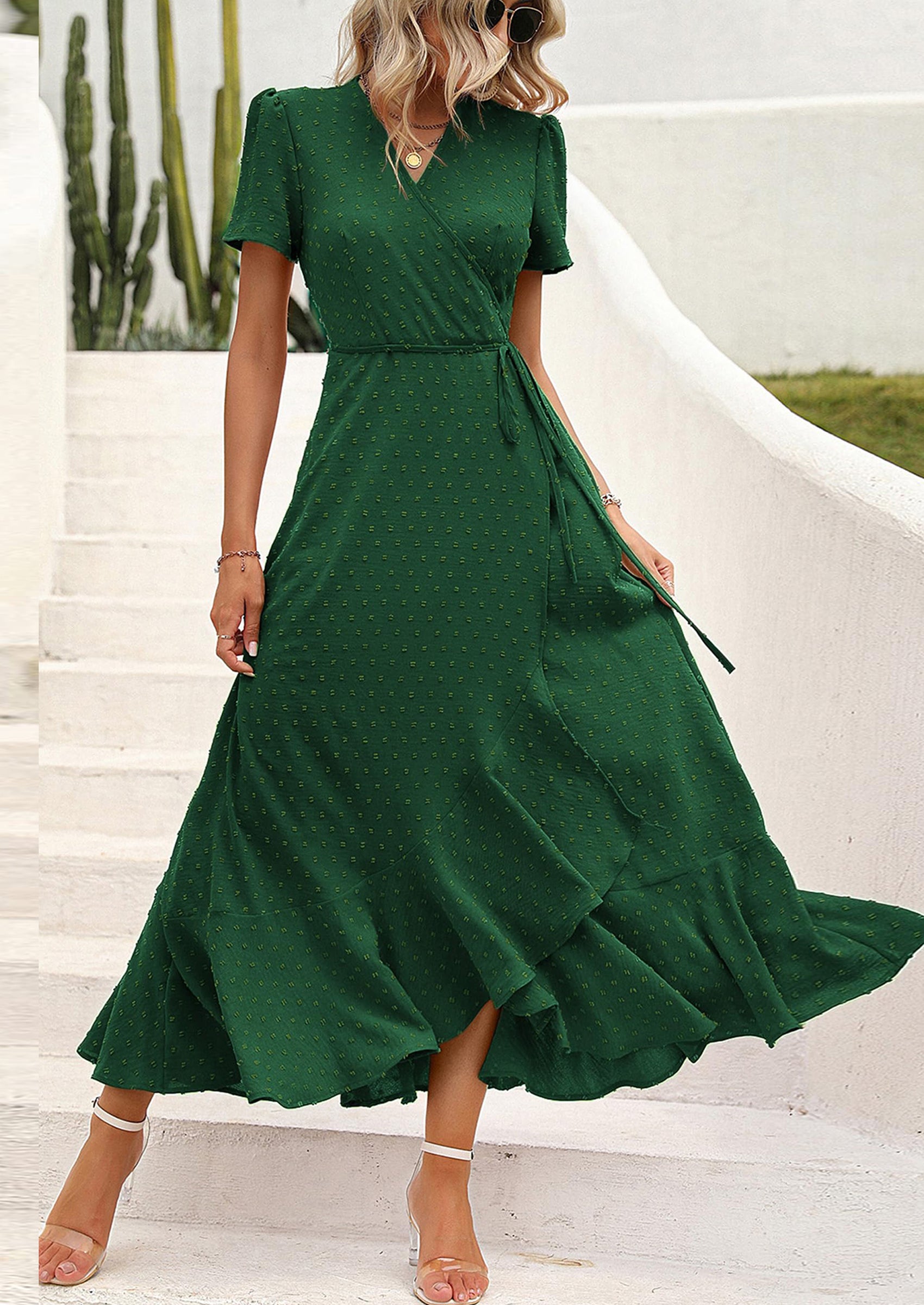 PRETTYGARDEN Women's Summer Maxi Dress Casual Wrap Floral Boho Short Sleeve V Neck Split Ruffle Beach Long Dresses