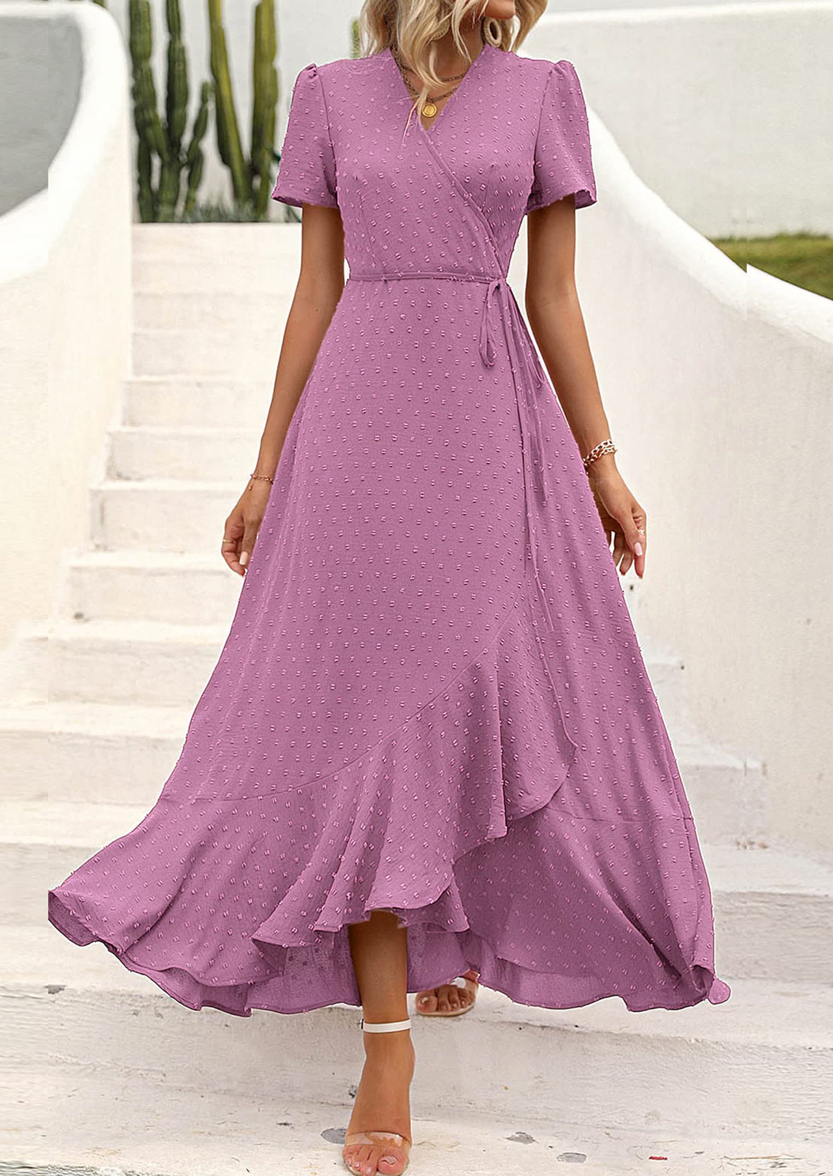 PRETTYGARDEN Women's Summer Maxi Dress Casual Wrap Floral Boho Short Sleeve V Neck Split Ruffle Beach Long Dresses