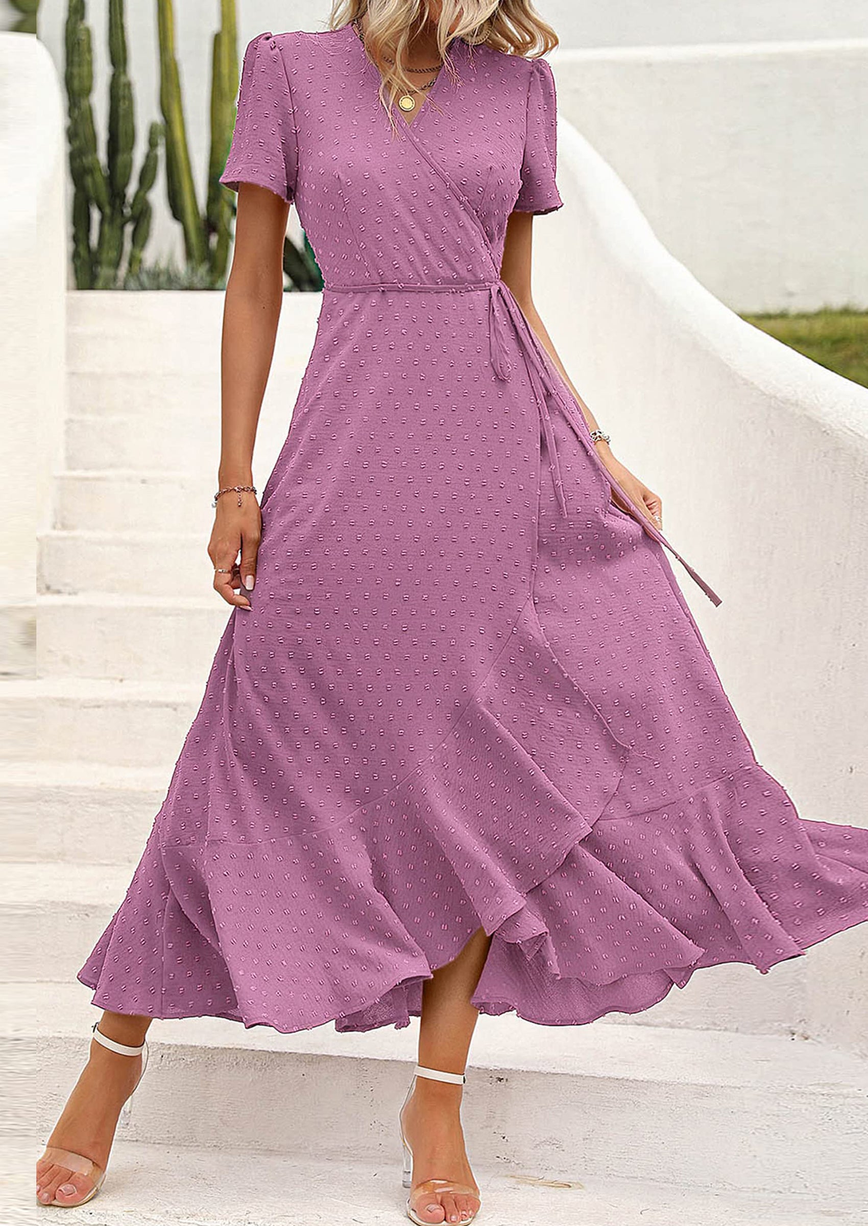 PRETTYGARDEN Women's Summer Maxi Dress Casual Wrap Floral Boho Short Sleeve V Neck Split Ruffle Beach Long Dresses