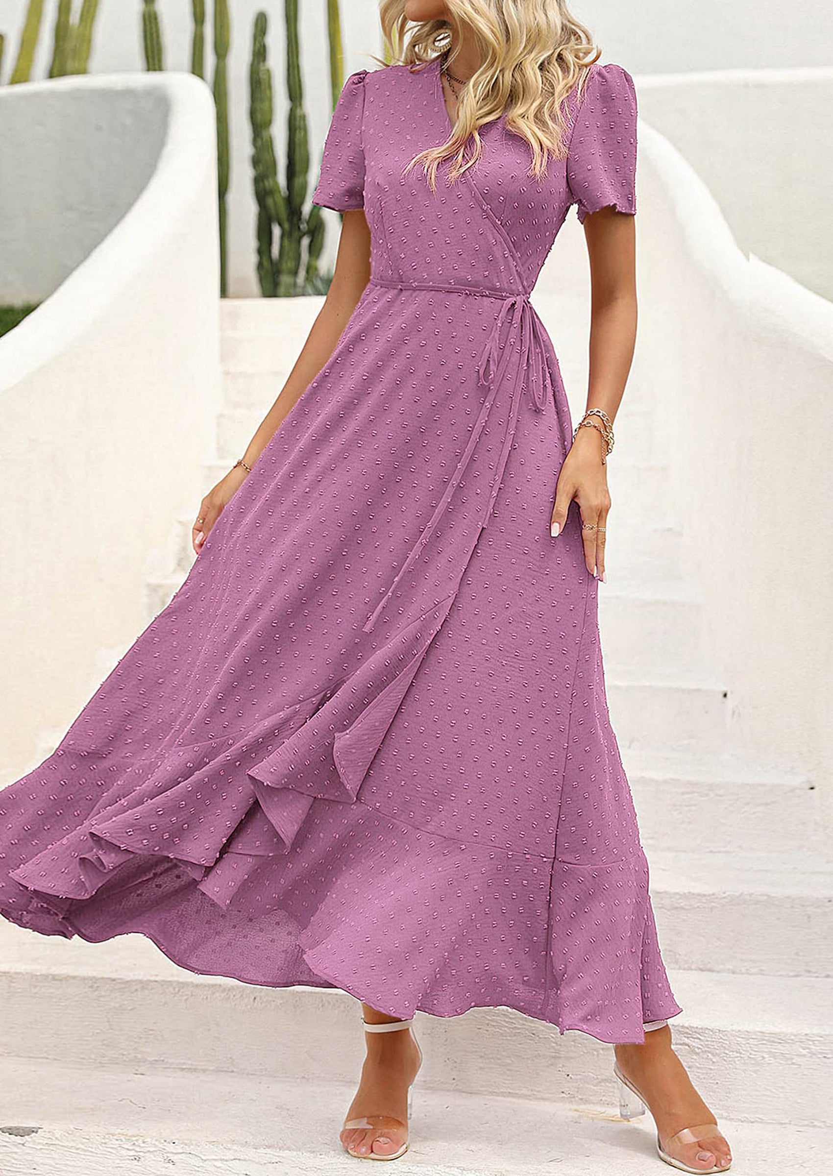 PRETTYGARDEN Women's Summer Maxi Dress Casual Wrap Floral Boho Short Sleeve V Neck Split Ruffle Beach Long Dresses