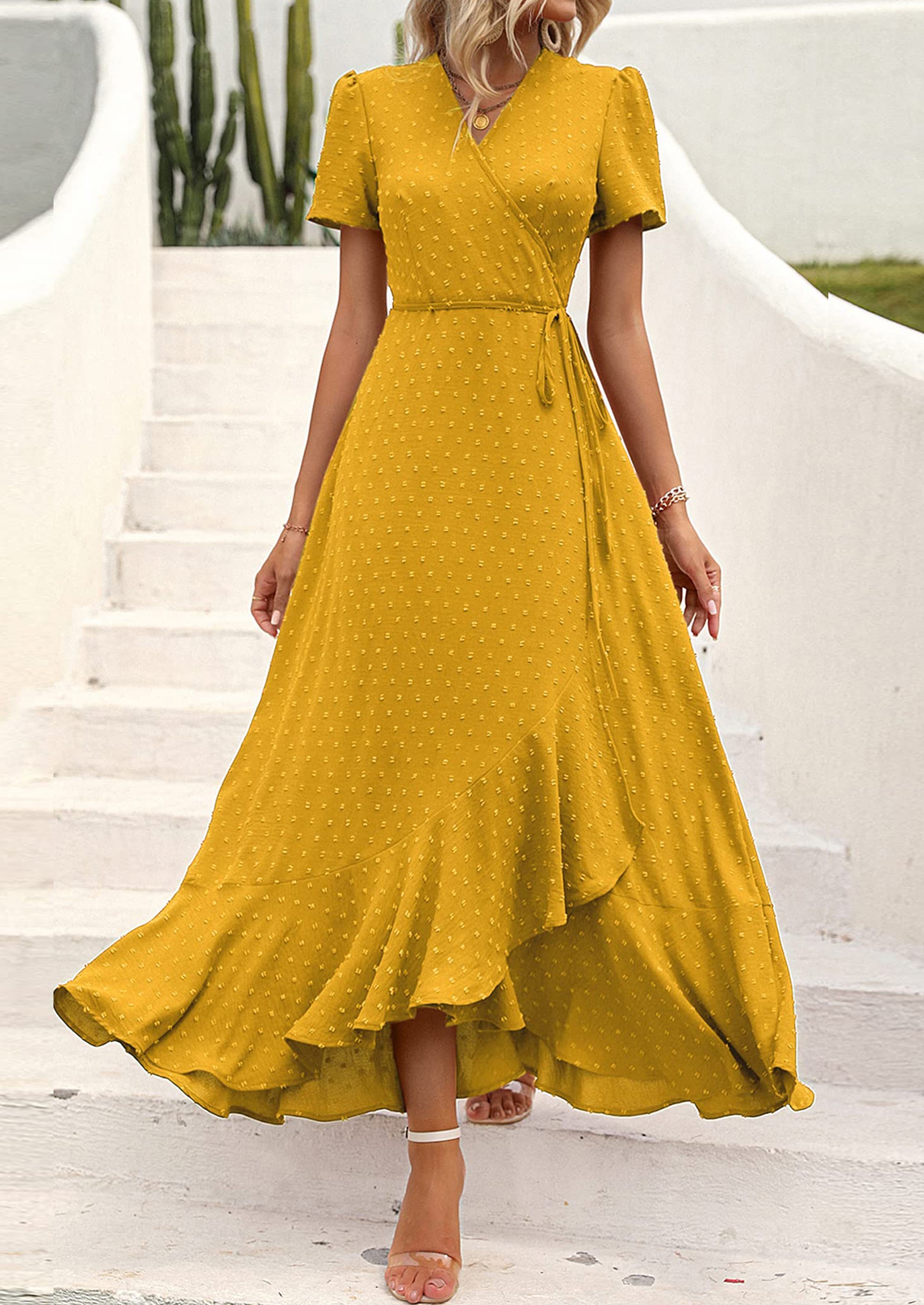 PRETTYGARDEN Women's Summer Maxi Dress Casual Wrap Floral Boho Short Sleeve V Neck Split Ruffle Beach Long Dresses