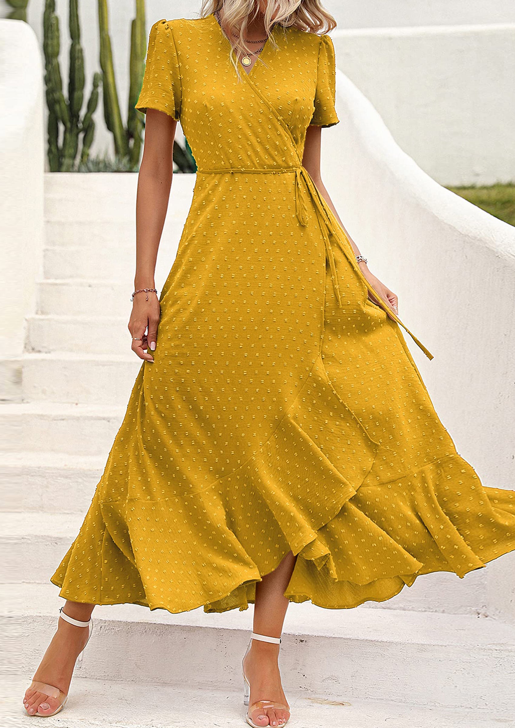 PRETTYGARDEN Women's Summer Maxi Dress Casual Wrap Floral Boho Short Sleeve V Neck Split Ruffle Beach Long Dresses