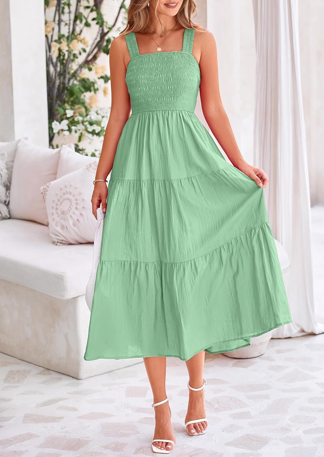 Womens Smocked Summer  Ruffle A Line Long Flowy Dresses Cute Sleeveless Beach Sundress Midi Dress