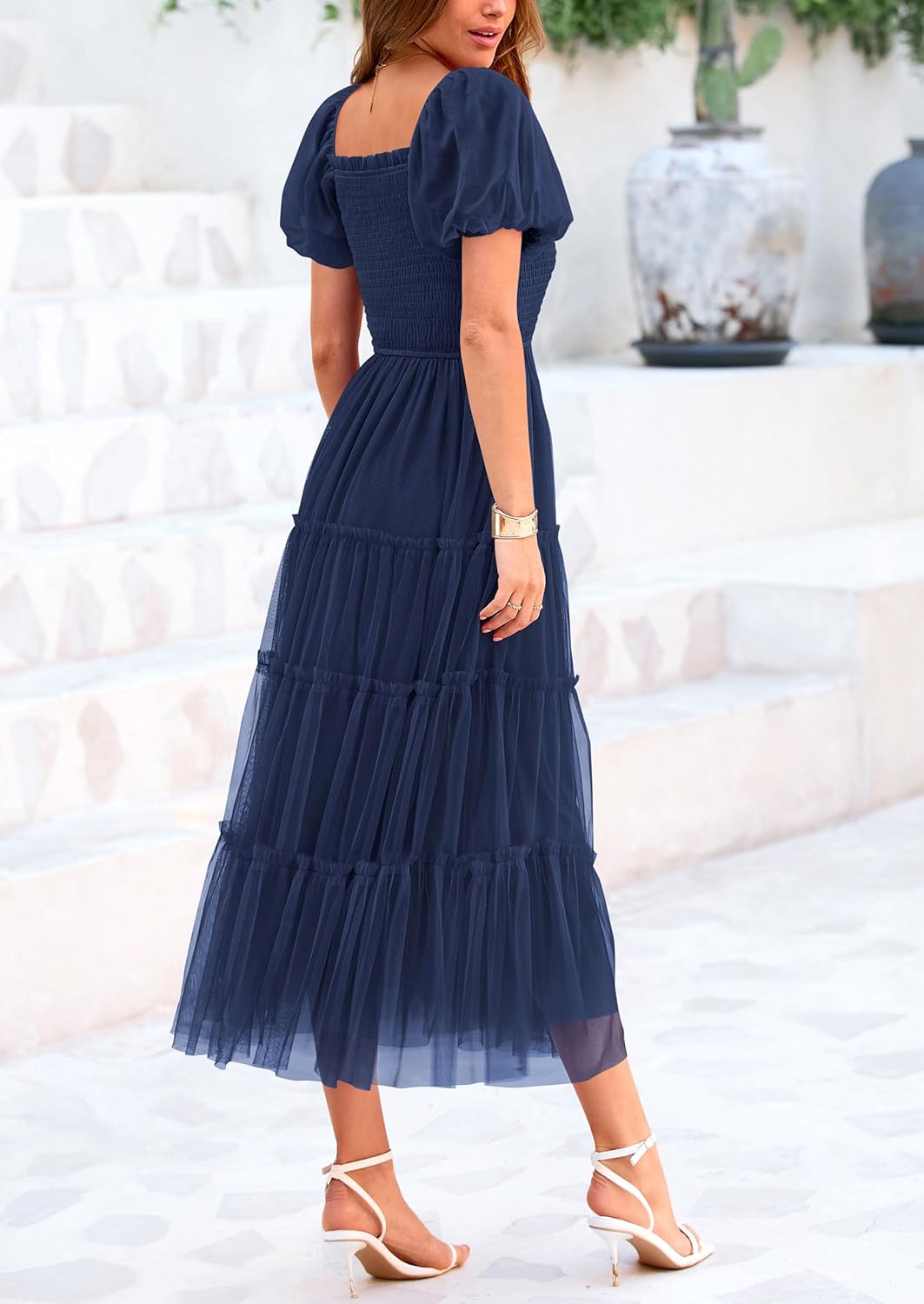 PRETTYGARDEN Women's Smocked Tulle Midi Dress Square Neck Puffy Short Sleeve Ruffle Wedding Guest Party Dresses