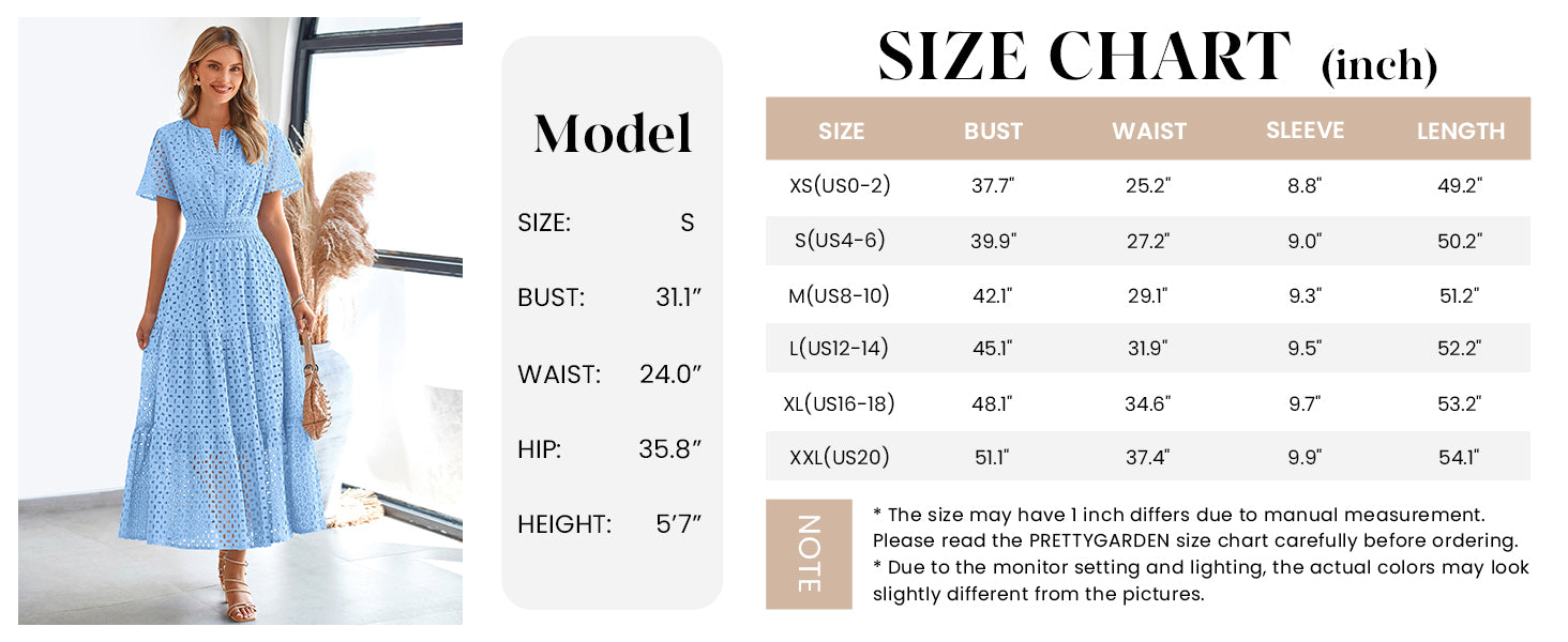 PRETTYGARDEN Womens Maxi Dress Short Sleeve V Neck Hollow Out Eyelet A Line Long Flowy Beach Vacation Dresses