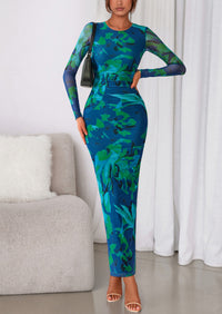 PRETTYGARDEN Women's Fall Wedding Guest Dresses Long Sleeve Fitted Ruched Slit Bodycon Mesh Floral Party Maxi Dress