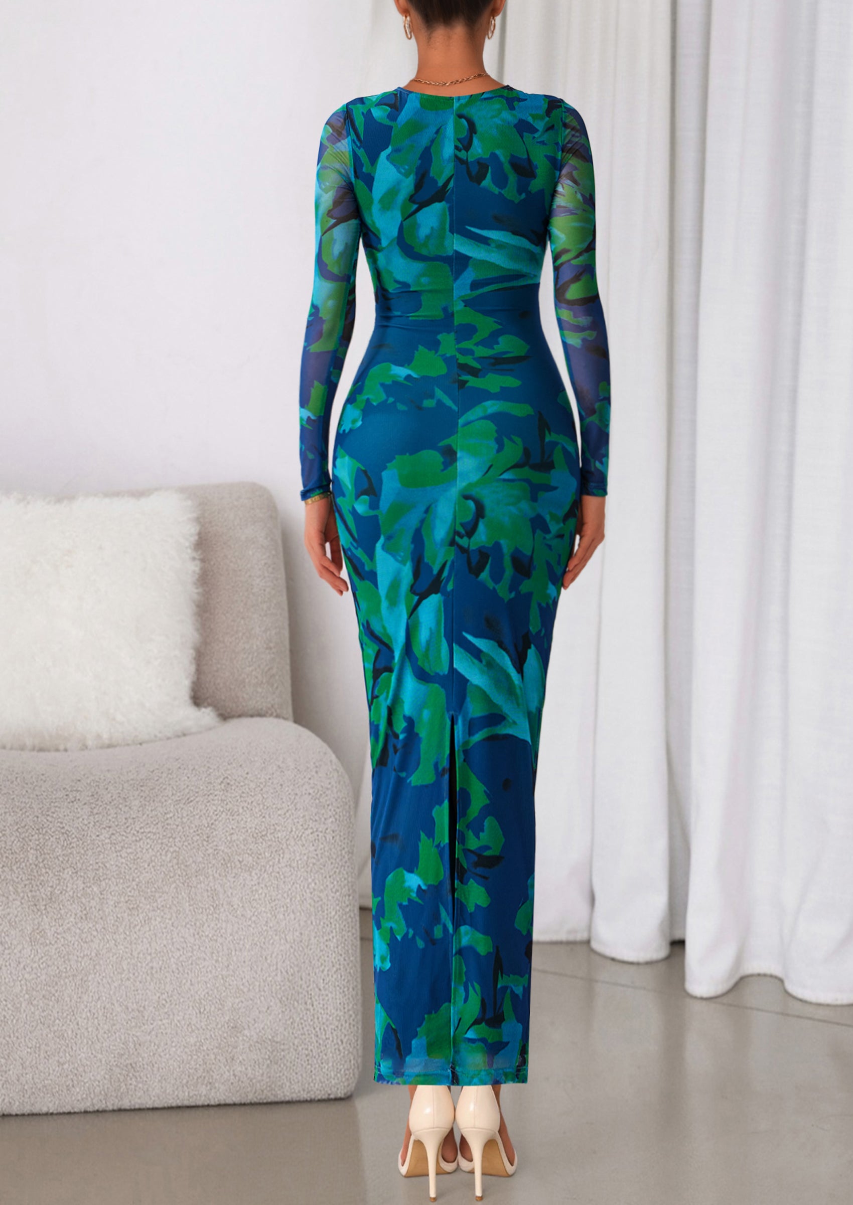 PRETTYGARDEN Women's Fall Wedding Guest Dresses Long Sleeve Fitted Ruched Slit Bodycon Mesh Floral Party Maxi Dress