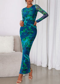 PRETTYGARDEN Women's Fall Wedding Guest Dresses Long Sleeve Fitted Ruched Slit Bodycon Mesh Floral Party Maxi Dress