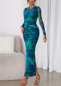 PRETTYGARDEN Women's Fall Wedding Guest Dresses Long Sleeve Fitted Ruched Slit Bodycon Mesh Floral Party Maxi Dress