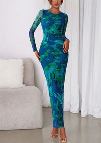 PRETTYGARDEN Women's Fall Wedding Guest Dresses Long Sleeve Fitted Ruched Slit Bodycon Mesh Floral Party Maxi Dress