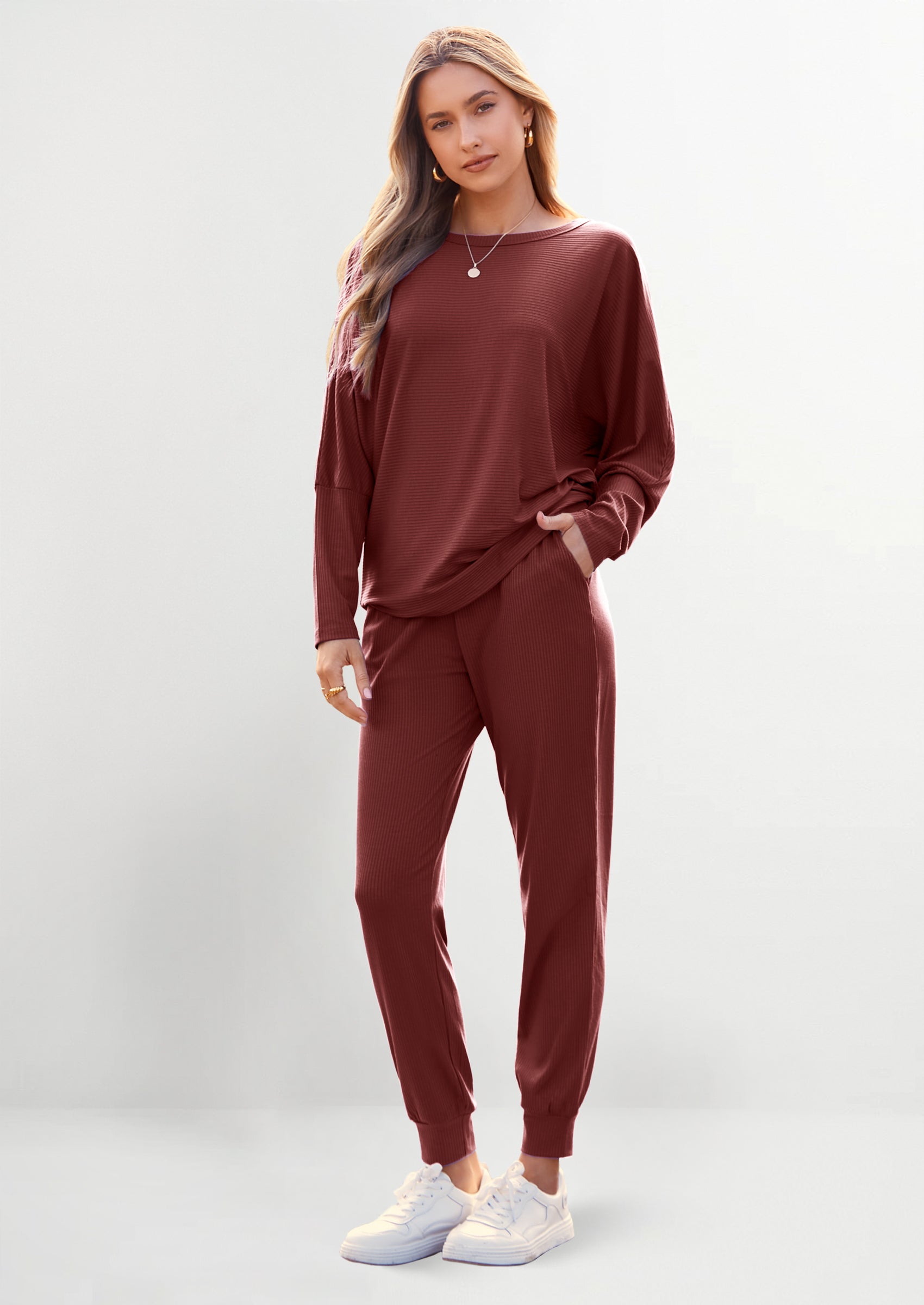 PRETTYGARDEN Women's Fall 2 Piece Lounge Set Long Sleeve Tops Ribbed Pants Spring Matching Sweatsuit Travel Outfits Clothes