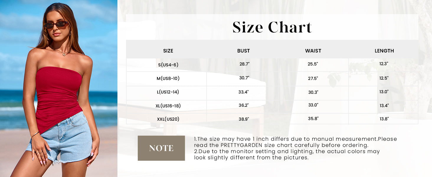 PRETTYGARDEN Womens Summer Tube Tops Trendy Strapless Ruched Going Out Tops Outfits Asymmetrical Bandeau Shirts