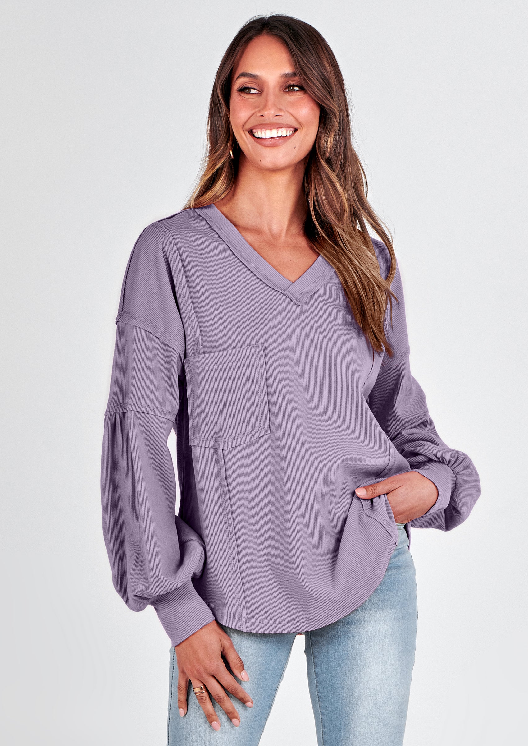 BTFBM Women's Ribbed Long Sleeve Tops Summer Spring Pullover Knit Casual V Neck Blouses Trendy Loose Fit Tunic Top