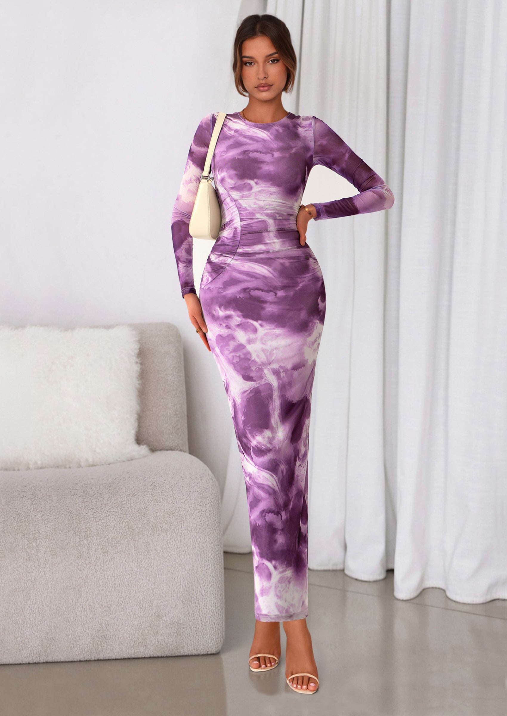 PRETTYGARDEN Women's Fall Wedding Guest Dresses Long Sleeve Fitted Ruched Slit Bodycon Mesh Floral Party Maxi Dress