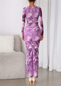 PRETTYGARDEN Women's Fall Wedding Guest Dresses Long Sleeve Fitted Ruched Slit Bodycon Mesh Floral Party Maxi Dress