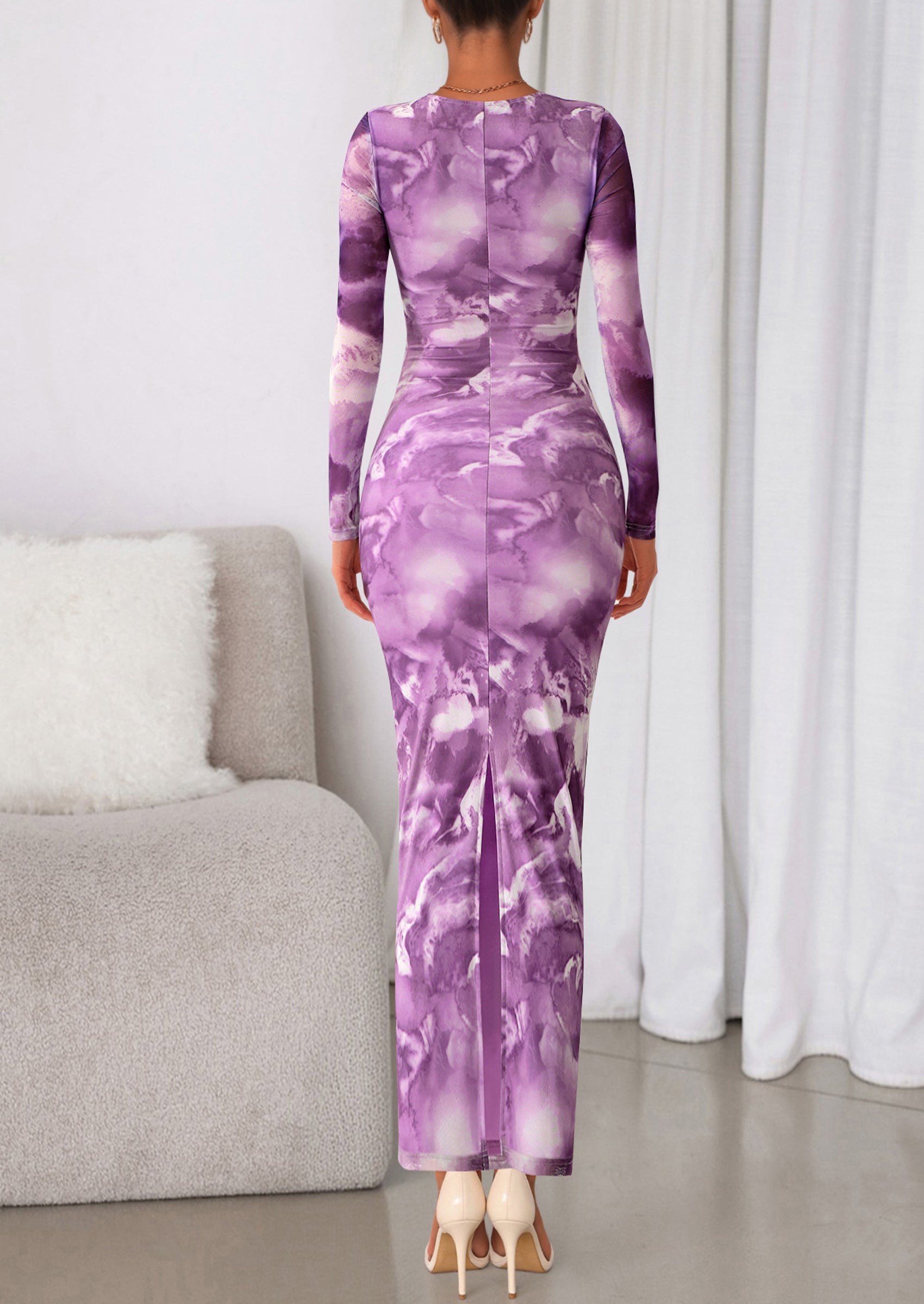 PRETTYGARDEN Women's Fall Wedding Guest Dresses Long Sleeve Fitted Ruched Slit Bodycon Mesh Floral Party Maxi Dress