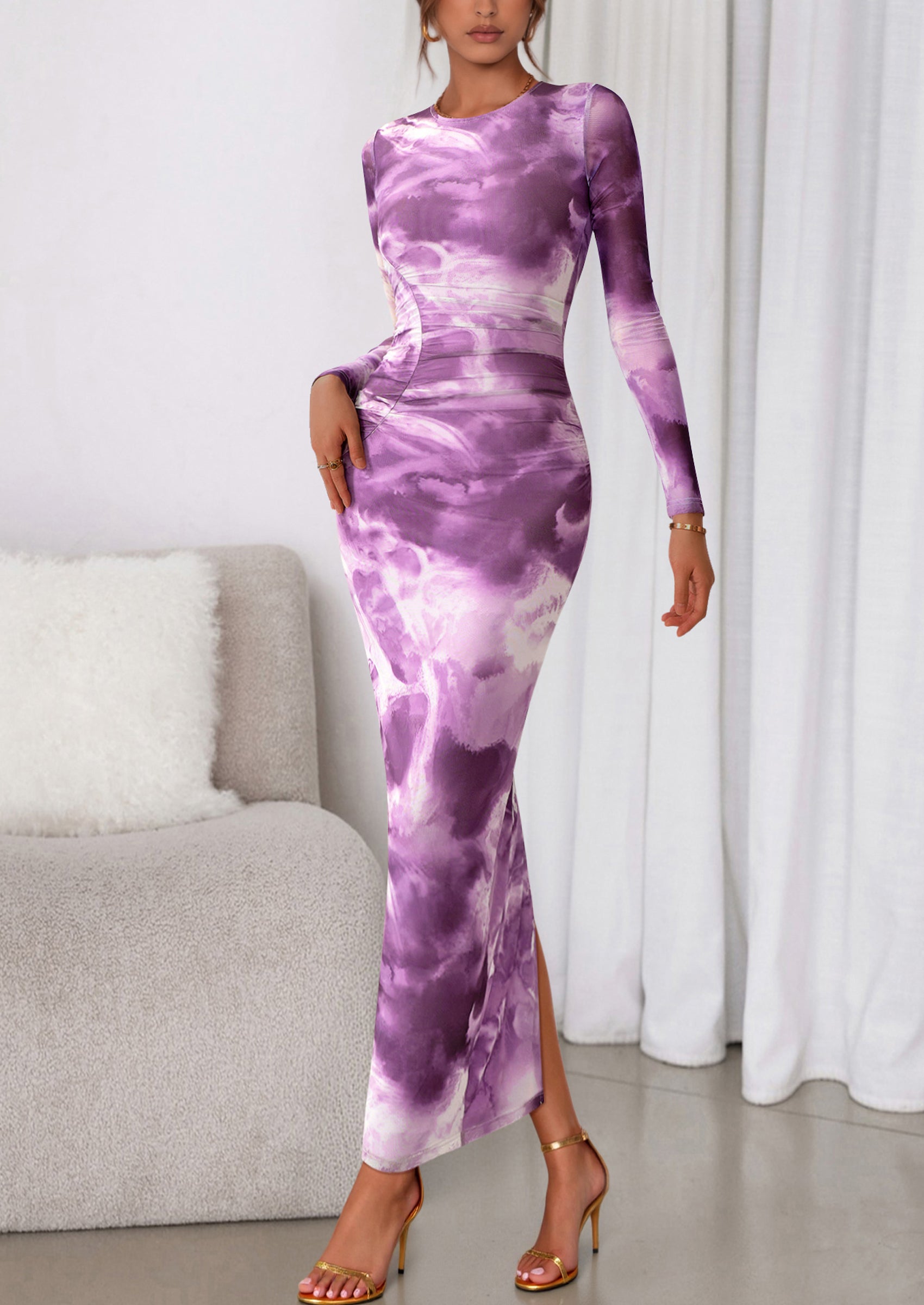 PRETTYGARDEN Women's Fall Wedding Guest Dresses Long Sleeve Fitted Ruched Slit Bodycon Mesh Floral Party Maxi Dress