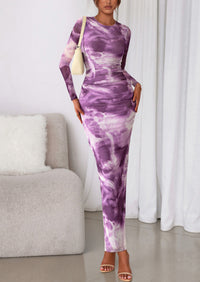 PRETTYGARDEN Women's Fall Wedding Guest Dresses Long Sleeve Fitted Ruched Slit Bodycon Mesh Floral Party Maxi Dress