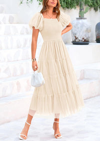 Women's Smocked Midi Tulle Dress 2025 Summer Puffy Short Sleeve Square Neck Ruffle Wedding Guest Party Dresses