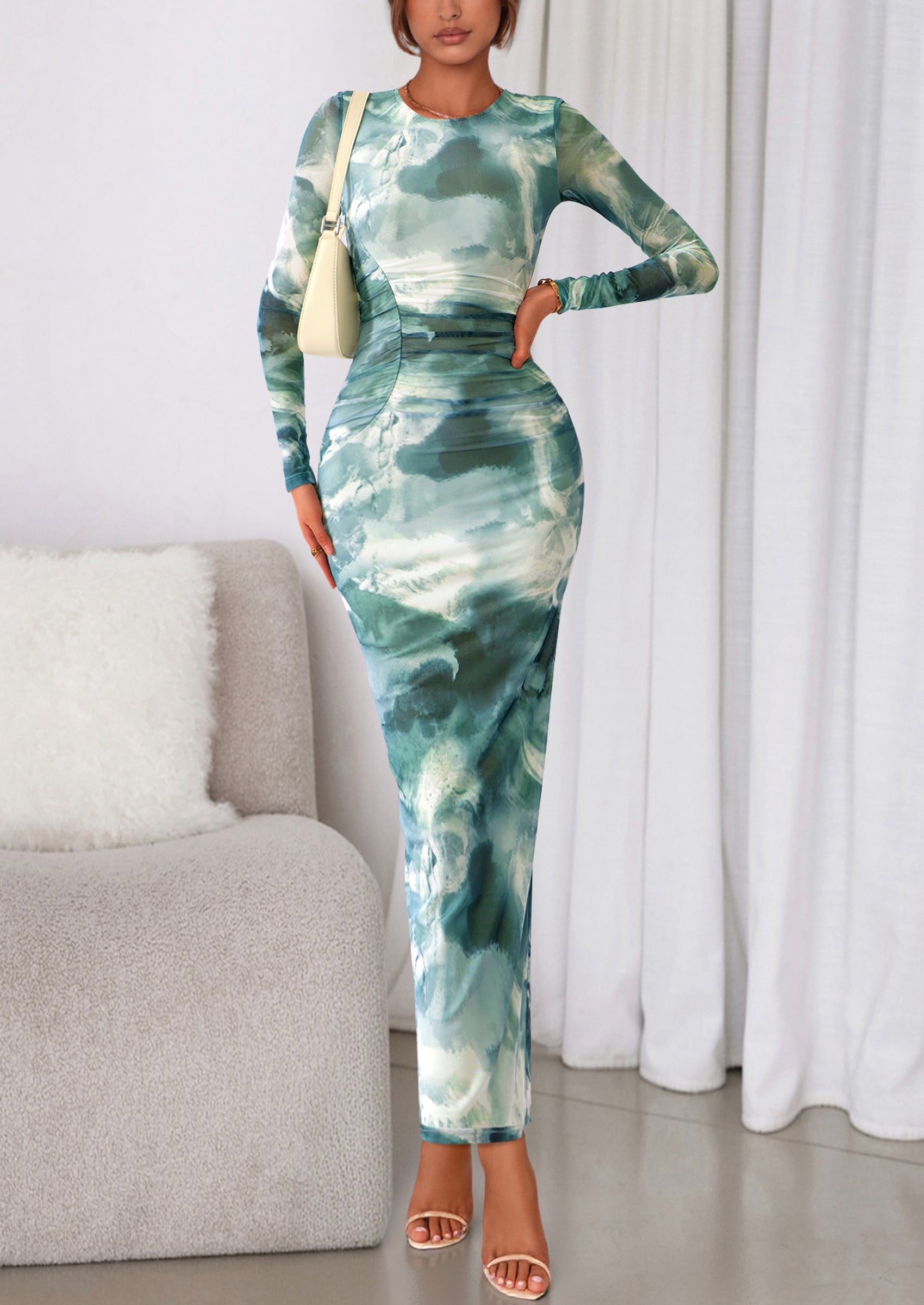 PRETTYGARDEN Women's Fall Wedding Guest Dresses Long Sleeve Fitted Ruched Slit Bodycon Mesh Floral Party Maxi Dress