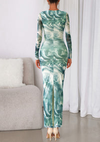 PRETTYGARDEN Women's Fall Wedding Guest Dresses Long Sleeve Fitted Ruched Slit Bodycon Mesh Floral Party Maxi Dress