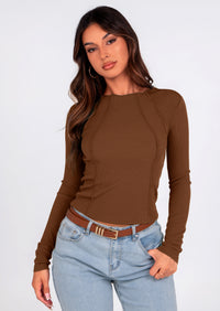 KIRUNDO Ribbed Long Sleeve Tops for Women Stretch Slim Basic Crop Tee Exposed Seams Spring Fall Fashion Trendy Tshirt