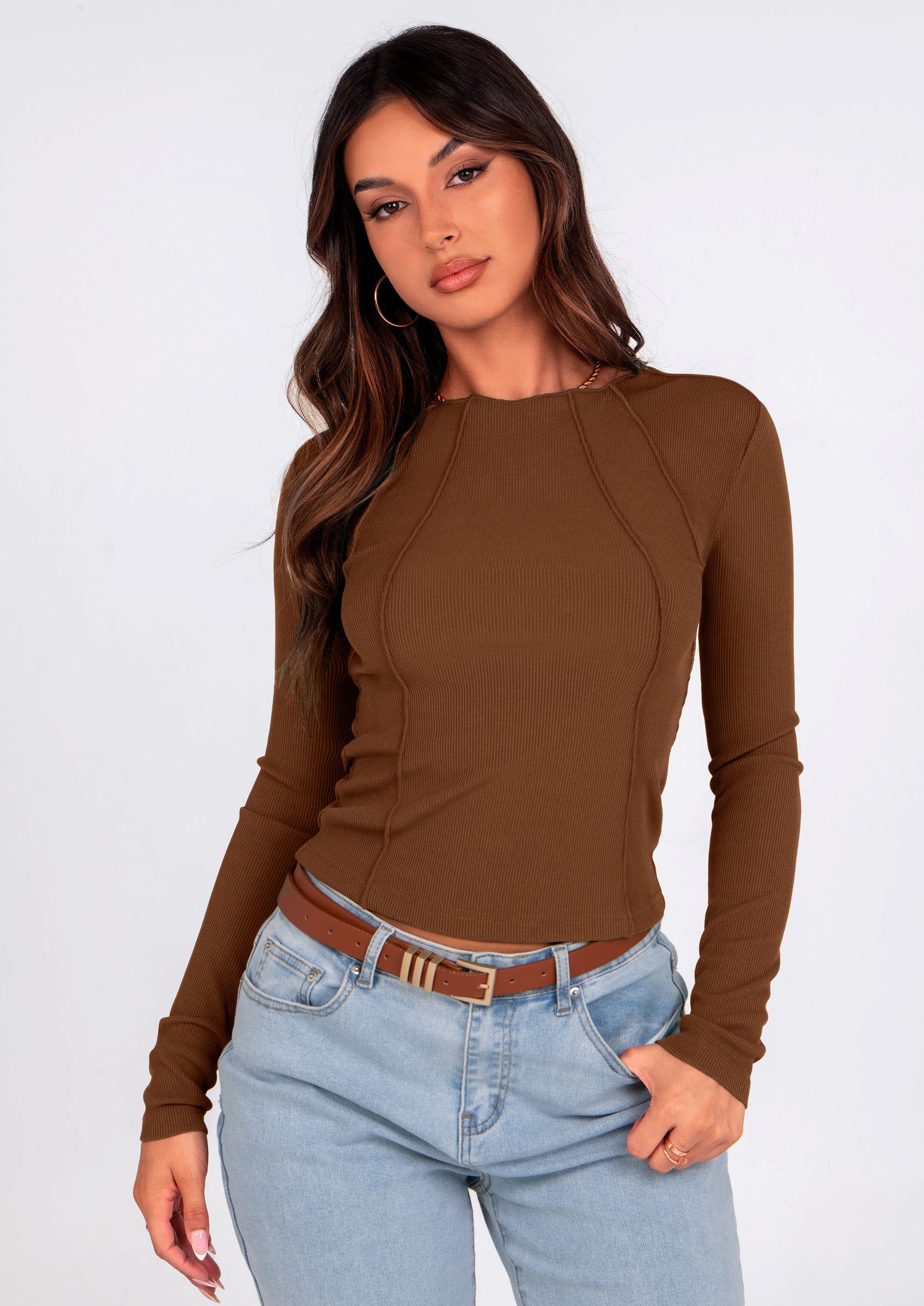 KIRUNDO Ribbed Long Sleeve Tops for Women Stretch Slim Basic Crop Tee Exposed Seams Spring Fall Fashion Trendy Tshirt