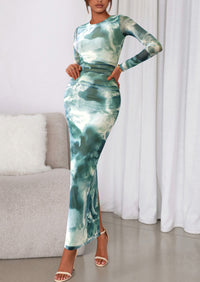 PRETTYGARDEN Women's Fall Wedding Guest Dresses Long Sleeve Fitted Ruched Slit Bodycon Mesh Floral Party Maxi Dress