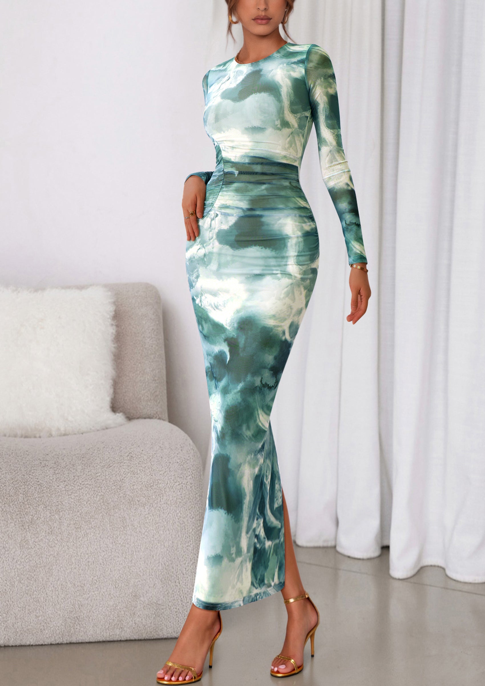 PRETTYGARDEN Women's Fall Wedding Guest Dresses Long Sleeve Fitted Ruched Slit Bodycon Mesh Floral Party Maxi Dress