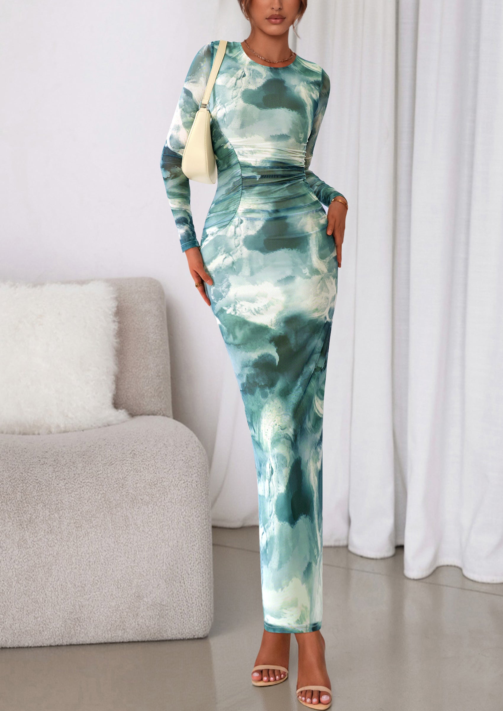 PRETTYGARDEN Women's Fall Wedding Guest Dresses Long Sleeve Fitted Ruched Slit Bodycon Mesh Floral Party Maxi Dress