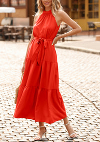 PRETTYGARDEN Women's Summer Floral Maxi Sun Dress Sleeveless Halter Neck Flowy Ruffle Hem Long Boho Dresses with Belt