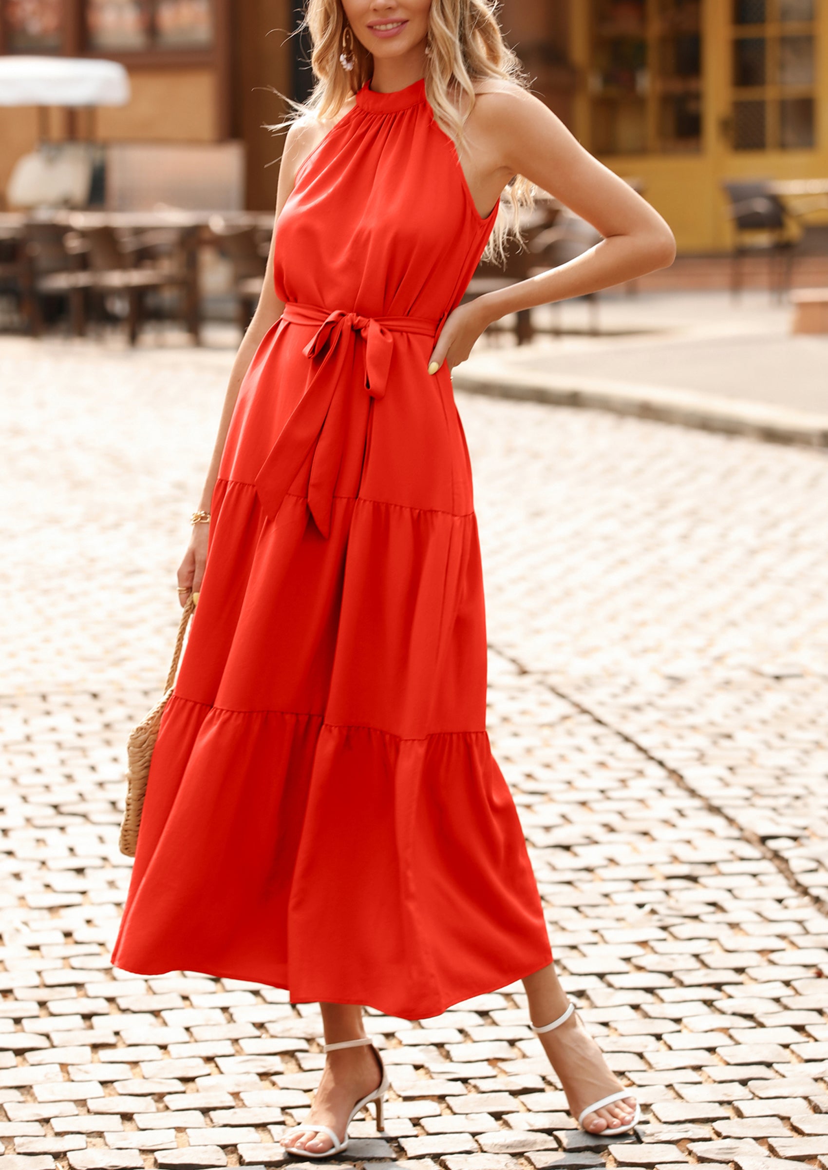 PRETTYGARDEN Women's Summer Floral Maxi Sun Dress Sleeveless Halter Neck Flowy Ruffle Hem Long Boho Dresses with Belt