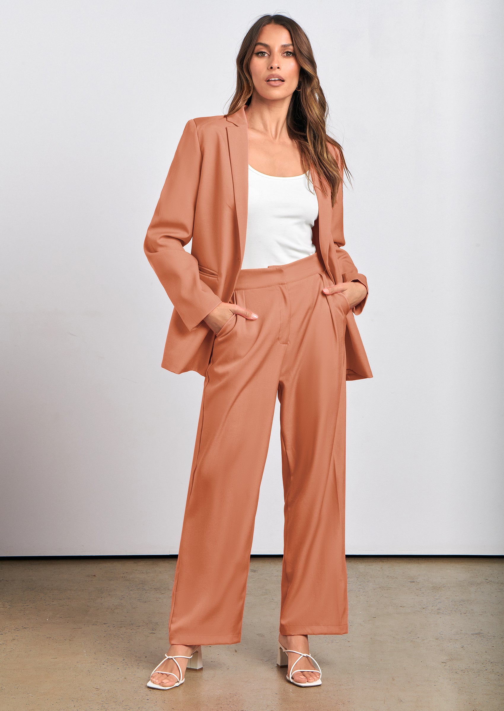 PRETTYGARDEN Women's Fall Two Piece Outfits Dressy Blazer Jacket and Wide Leg Pants Pockets Business Casual Office Suit Sets