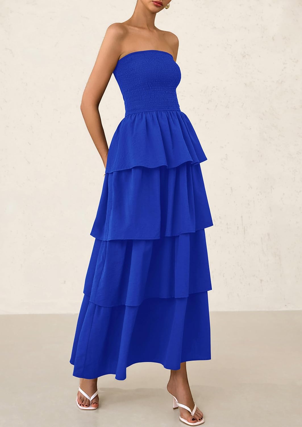 PRETTYGARDEN Maxi Dresses for Women Off Shoulder Smocked Tiered Ruffle Long Flowy Wedding Guest Dress