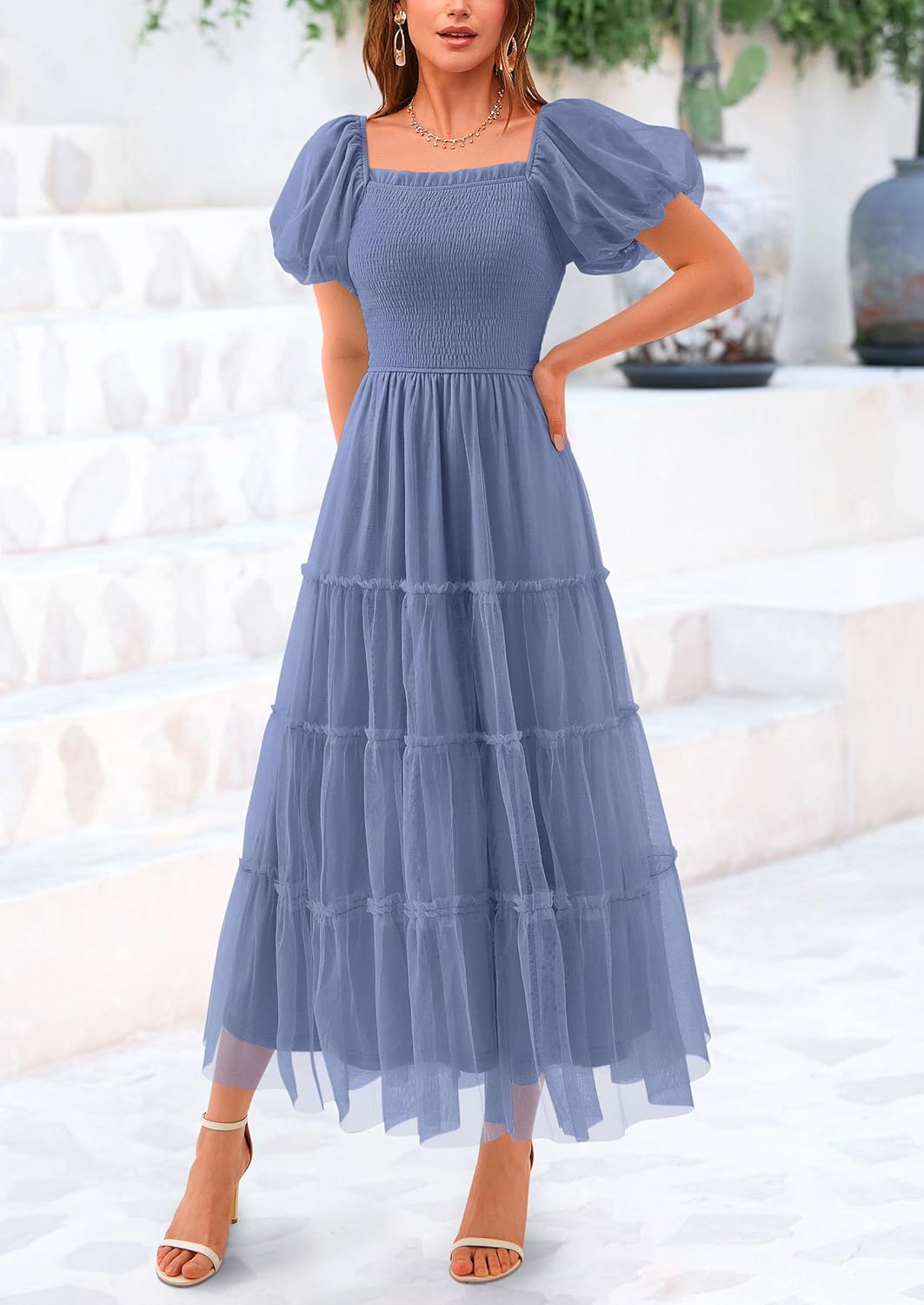 Women's Smocked Midi Tulle Dress 2025 Summer Puffy Short Sleeve Square Neck Ruffle Wedding Guest Party Dresses