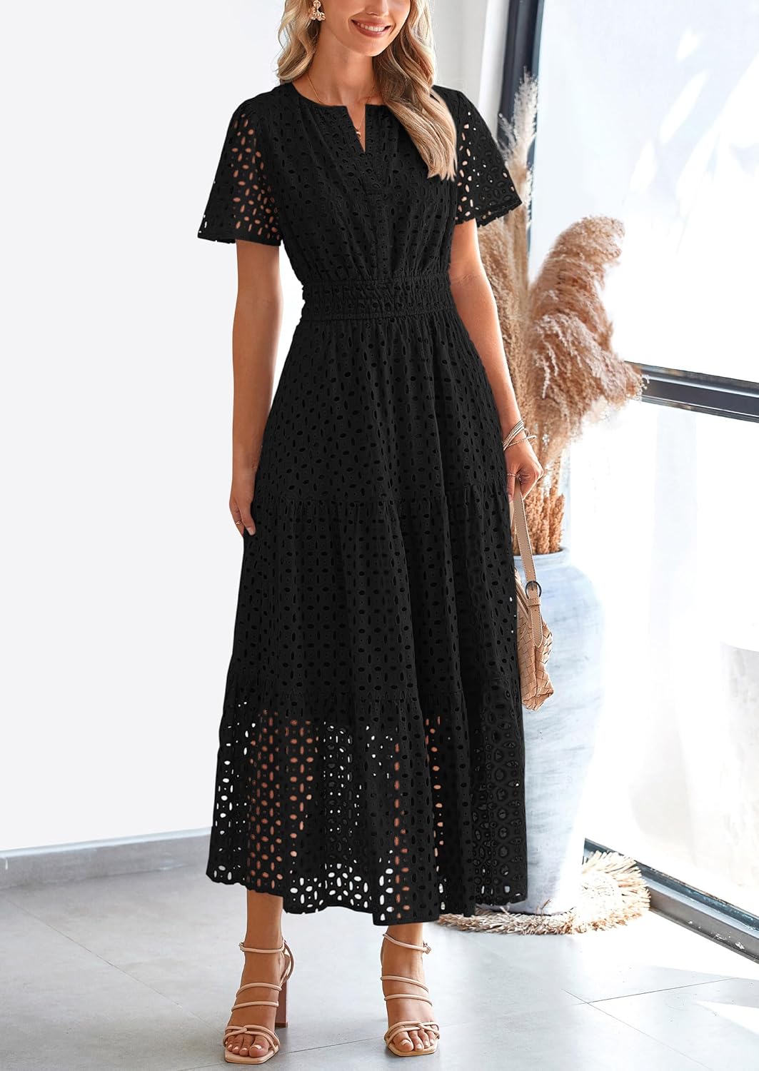 Womens 2025 Summer Maxi Dress Short Sleeve V Neck Hollow Out Eyelet A Line Long Flowy Beach Vacation Dresses