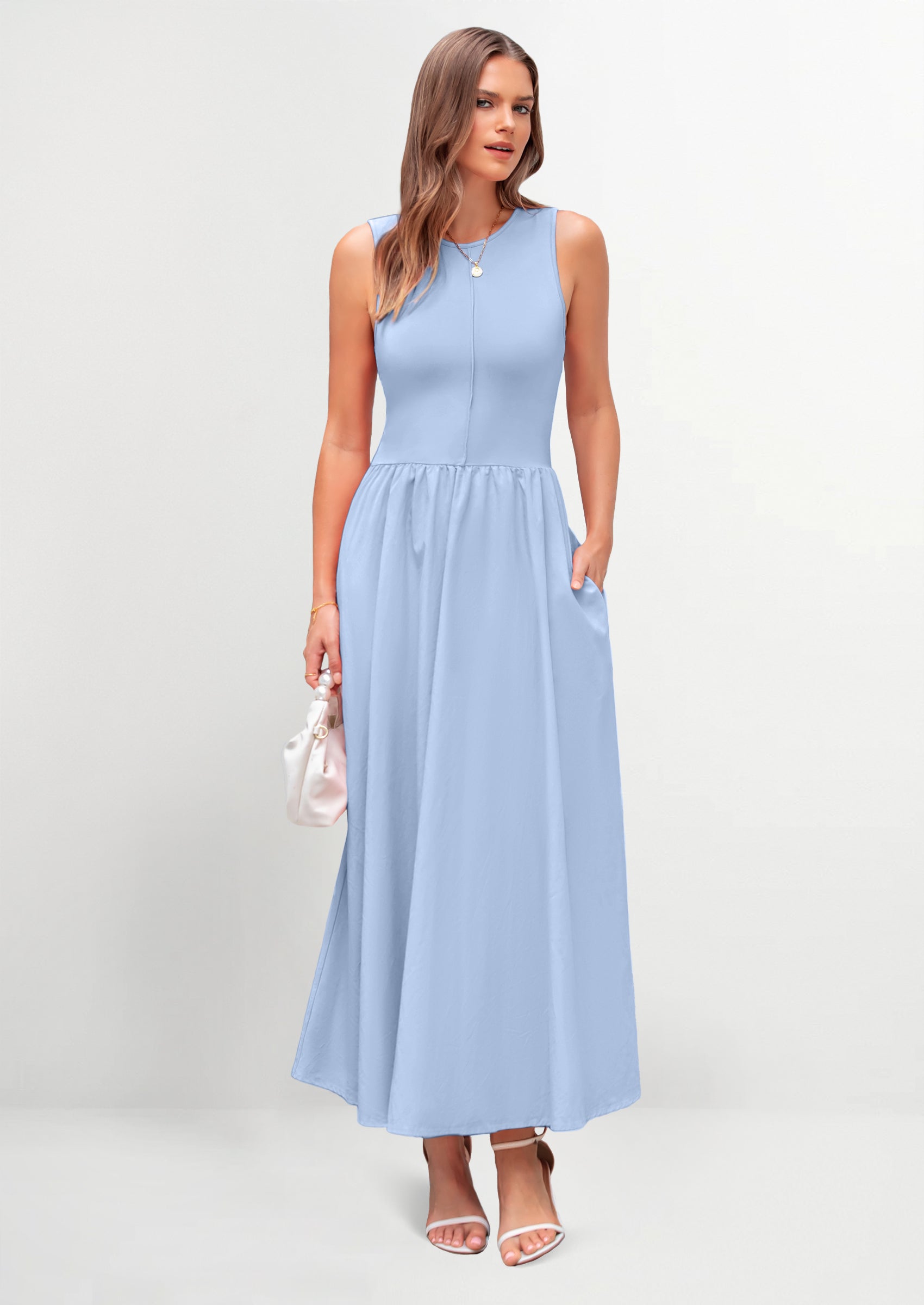 PRETTYGARDEN Women Maxi Dresses Casual Sleeveless Patchwork Knit Tank Dress Flowy Beach Sundress Long Dress