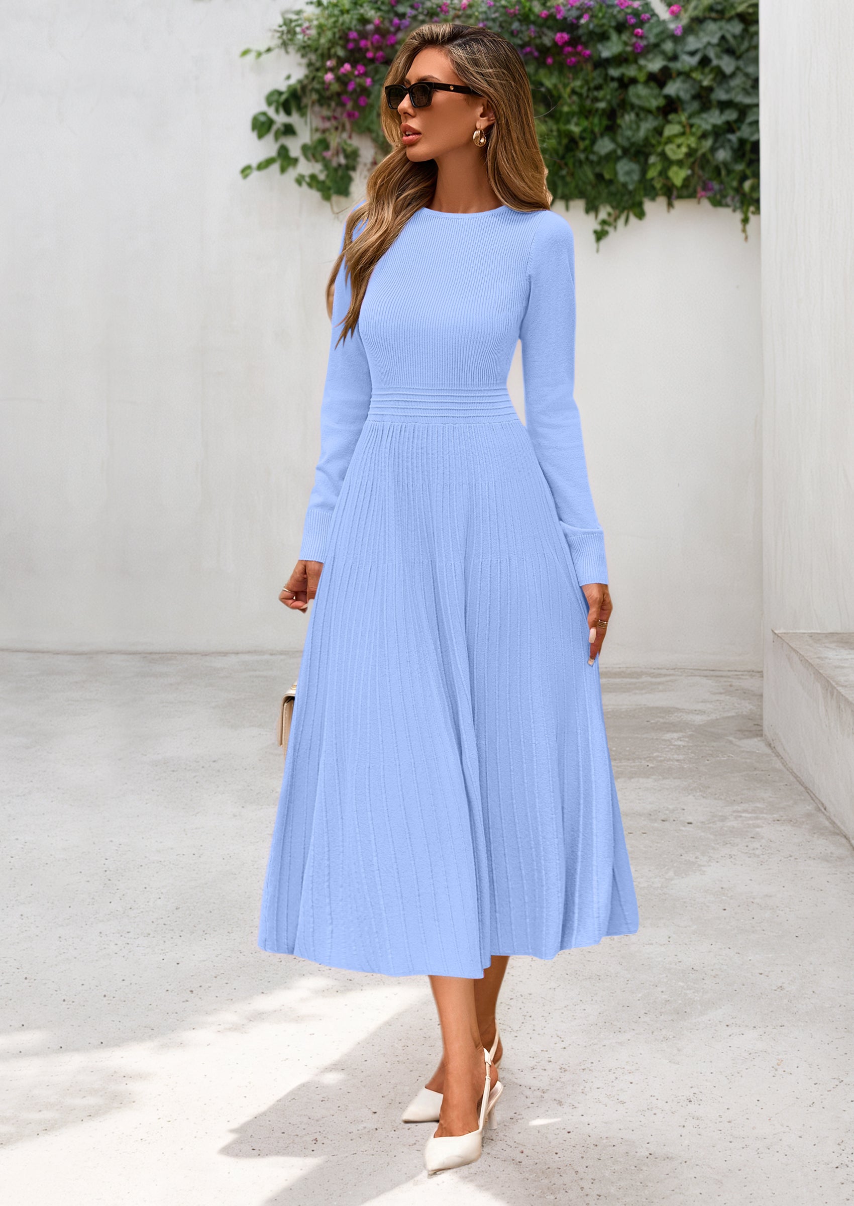 PRETTYGARDEN Women's Long Sleeve Midi Sweater Dress Fall Crewneck Knit A Line Pleated Wedding Guest Winter Dresses