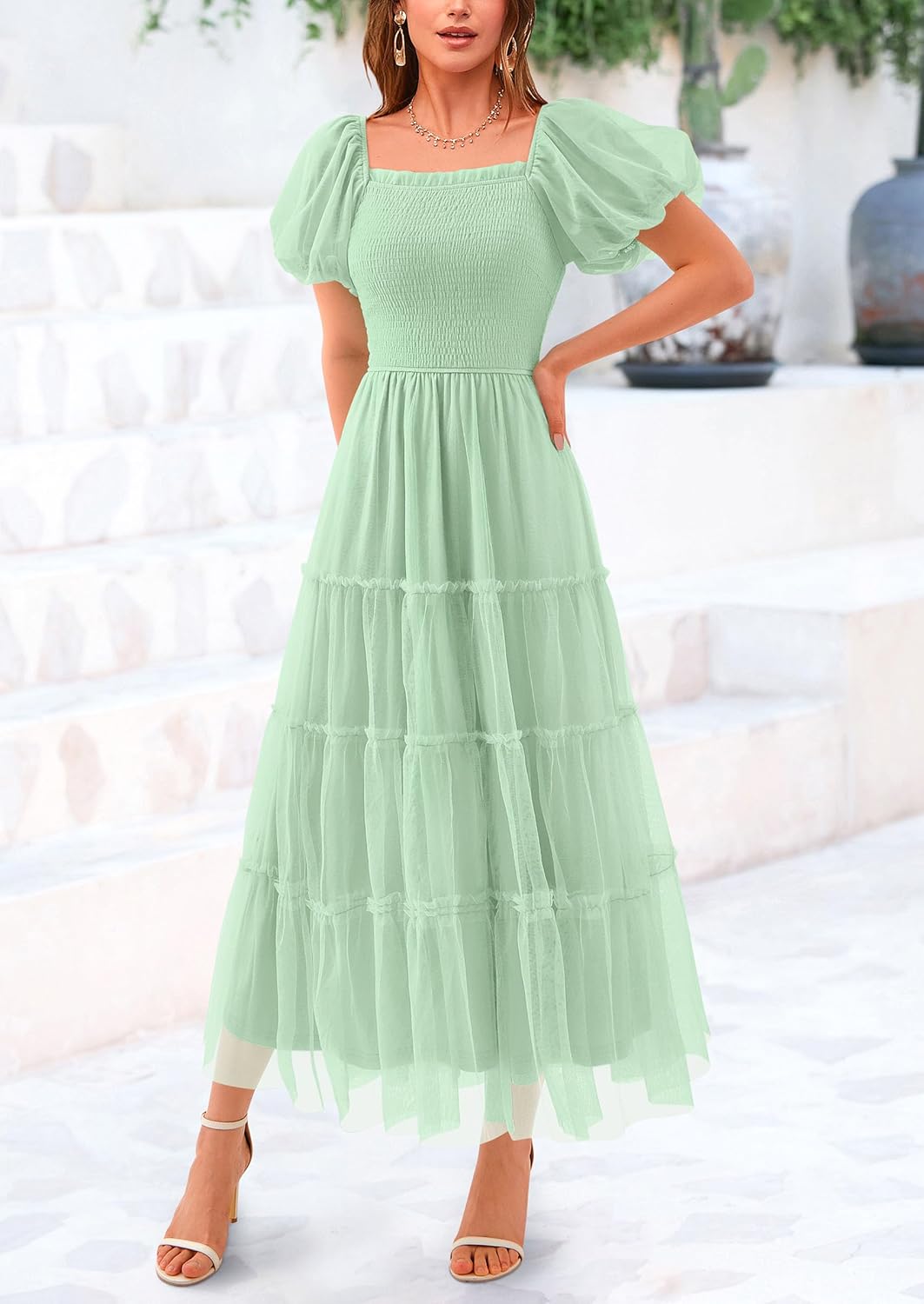 Women's Smocked Midi Tulle Dress 2025 Summer Puffy Short Sleeve Square Neck Ruffle Wedding Guest Party Dresses