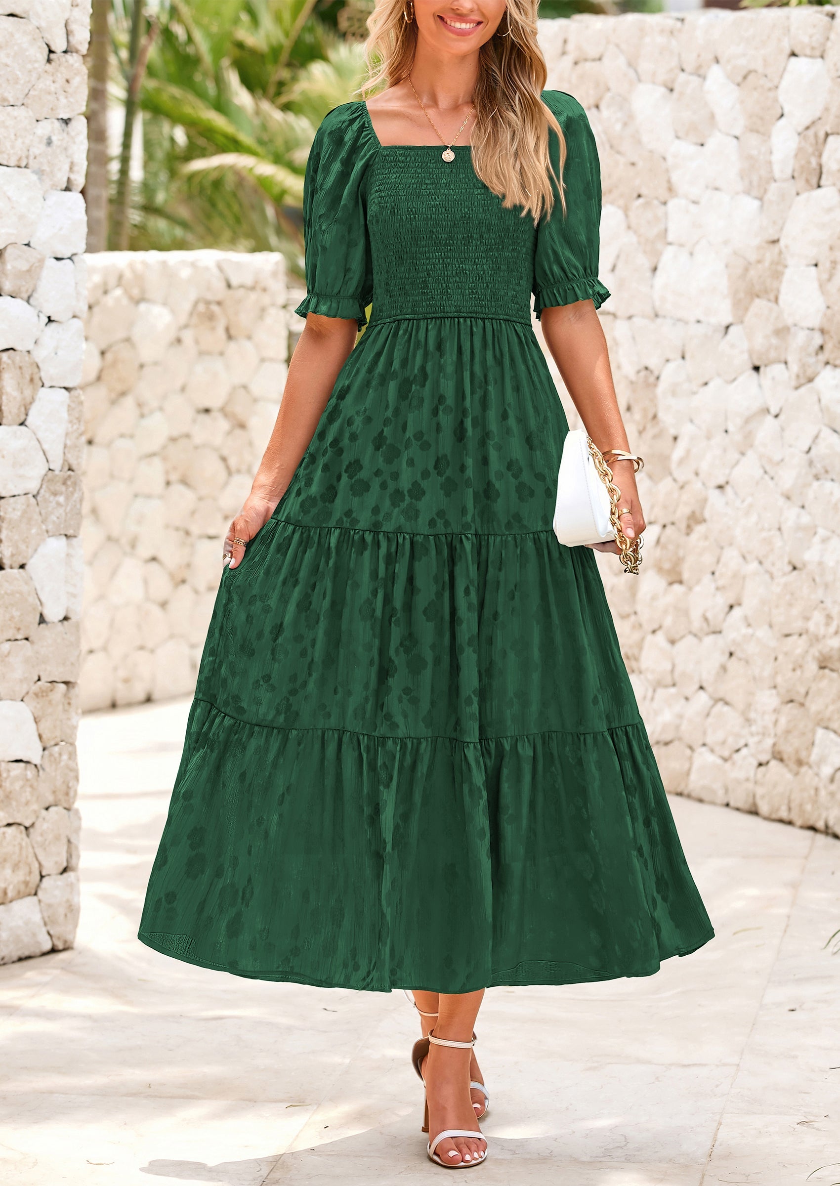 PRETTYGARDEN Women's Casual Midi Dresses Square Neck Short Sleeve Smoc