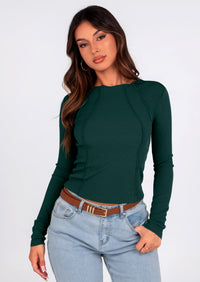 KIRUNDO Ribbed Long Sleeve Tops for Women Stretch Slim Basic Crop Tee Exposed Seams Spring Fall Fashion Trendy Tshirt