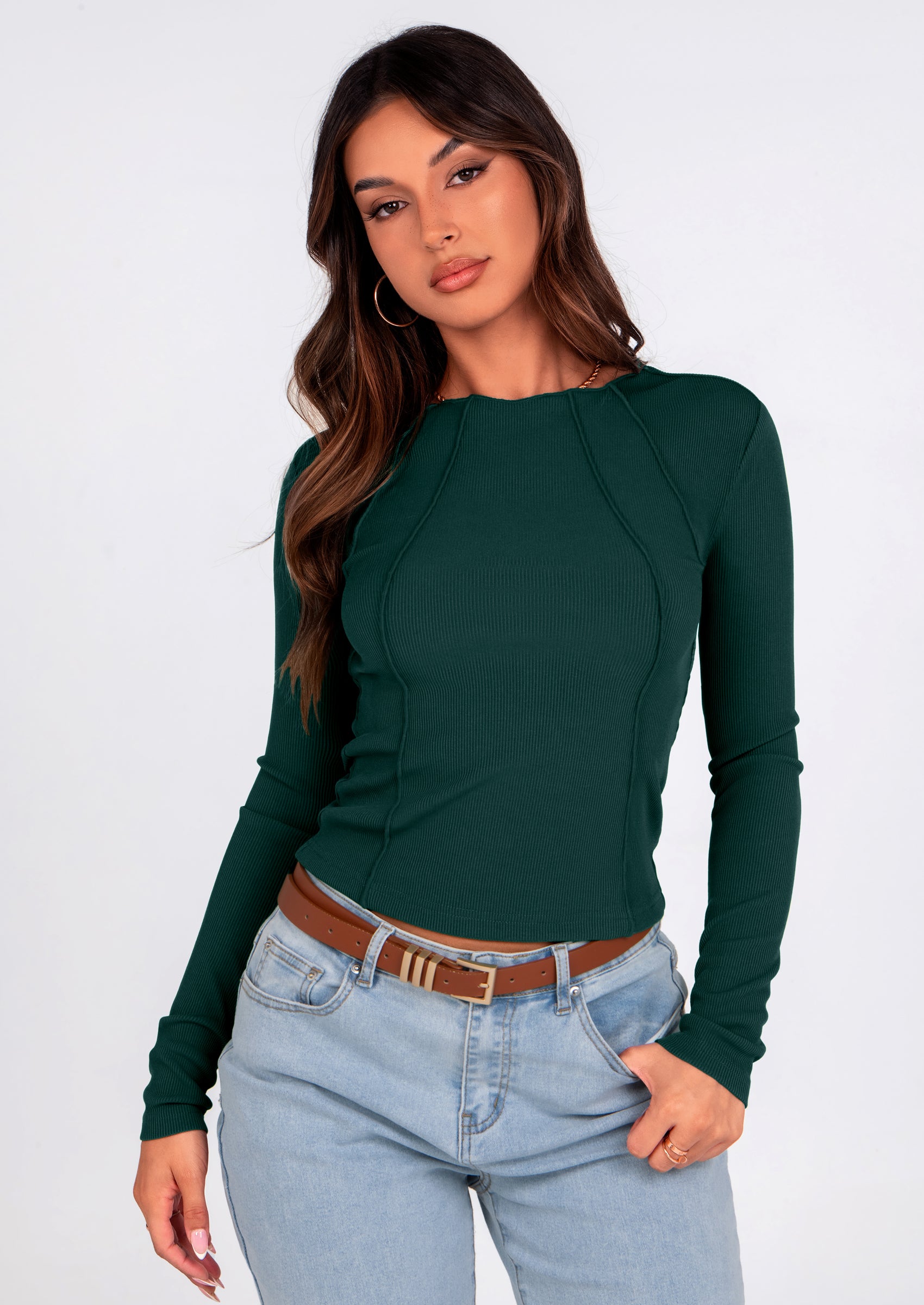 KIRUNDO Ribbed Long Sleeve Tops for Women Stretch Slim Basic Crop Tee Exposed Seams Spring Fall Fashion Trendy Tshirt