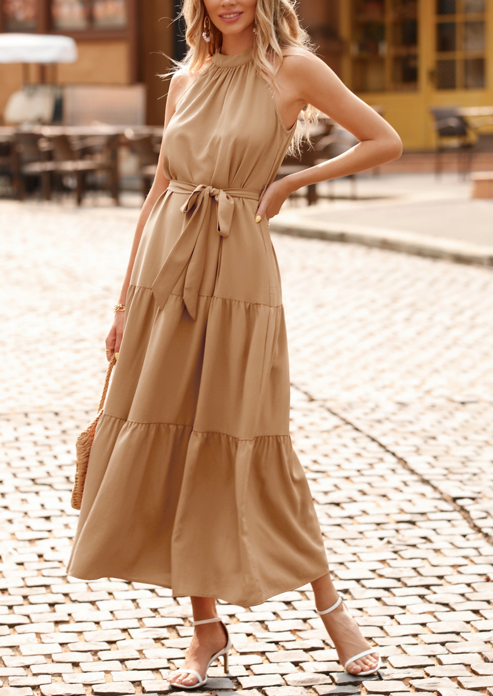 PRETTYGARDEN Women's Summer Floral Maxi Sun Dress Sleeveless Halter Neck Flowy Ruffle Hem Long Boho Dresses with Belt