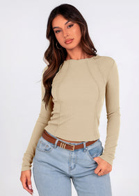 KIRUNDO Ribbed Long Sleeve Tops for Women Stretch Slim Basic Crop Tee Exposed Seams Spring Fall Fashion Trendy Tshirt